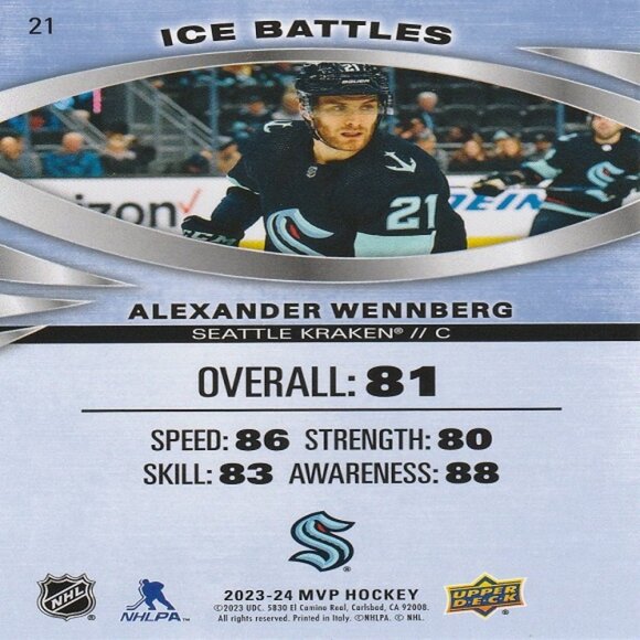 Alexander Wennberg - 2023/2024 Upper Deck MVP Ice Battles Hockey Card - Picture 2 of 2